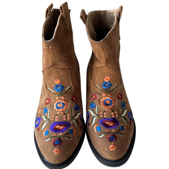 Women's Mudd Brown Faux Suede Embroidered Low Heel Ankle Boots Size 7.5M (BOXED) - Picture 5 of 16